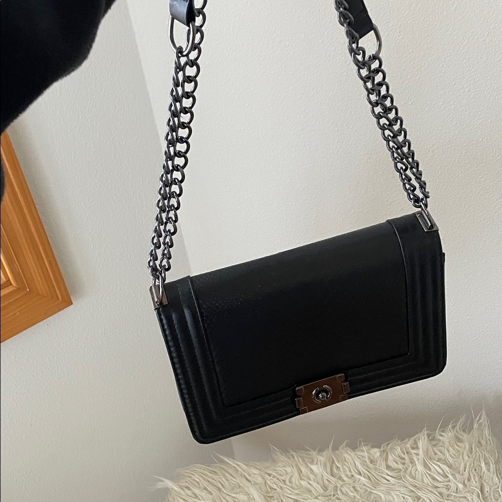Faux Leather Black Chain Crossbody Bag